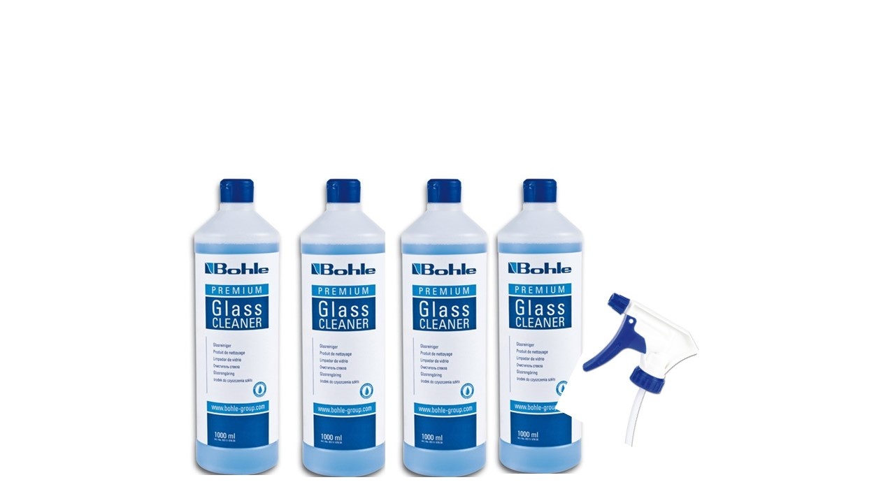 Premium glass cleaner, 4 x 1 litre, including 1 spray nozzle.